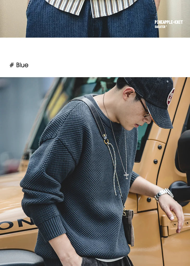 Maden Workwear Men's Vintage Heavyweight Grey Pineapple Pattern Sweater Thickened Round Neck Lazy Autumn Knit
