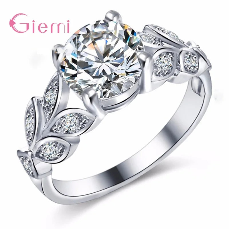 925 Sterling Silver Female Jewelry Charming Elegant Sparkling Crystals Leaf Shape Rings For Women Girl Wife Gifts Wholesale