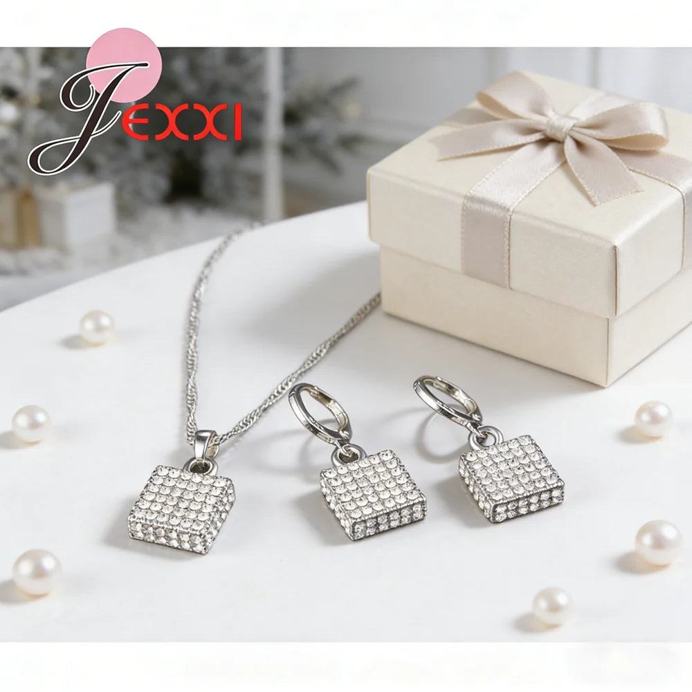 Female Elegant Wedding Brinco Set Zircon Crystal Square Simple Design Pendant 925 Sterling Silver Jewelry Sets For Women Girls