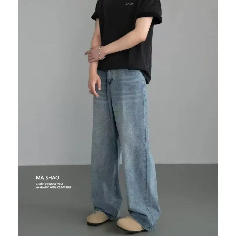 New Bent Knife Jeans for Men American Retro Washed Distressed Wide Leg Pants Four Seasons Loose Straight Leg Feelin Street Jeans