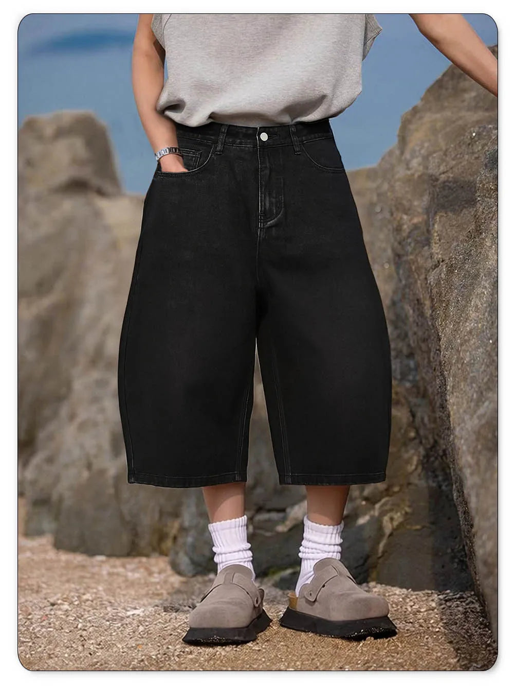 ONE·DINY American Style Retro Black Ultra Baggy Machete Wide Leg Denim Shorts Fashion Men's Women's Daily Jeans Capris Jeans