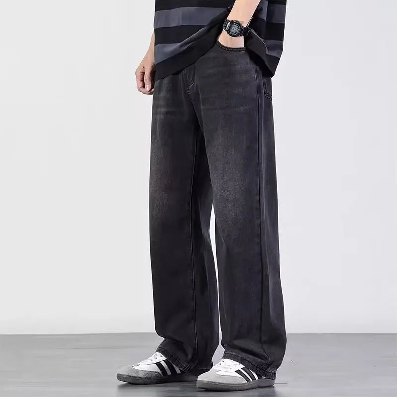 New Bent Knife Jeans for Men American Retro Washed Distressed Wide Leg Pants Four Seasons Loose Straight Leg Feelin Street Jeans
