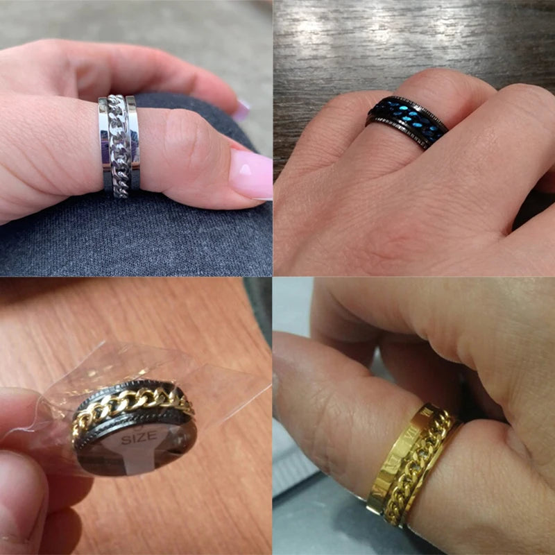 Freeteeme Cool Rotatable Chain Men Ring Stainless Steel High Quality Spinner Roman Numerals Punk Women Ring Jewelry Party Gift