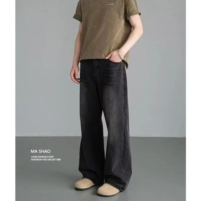 New Bent Knife Jeans for Men American Retro Washed Distressed Wide Leg Pants Four Seasons Loose Straight Leg Feelin Street Jeans