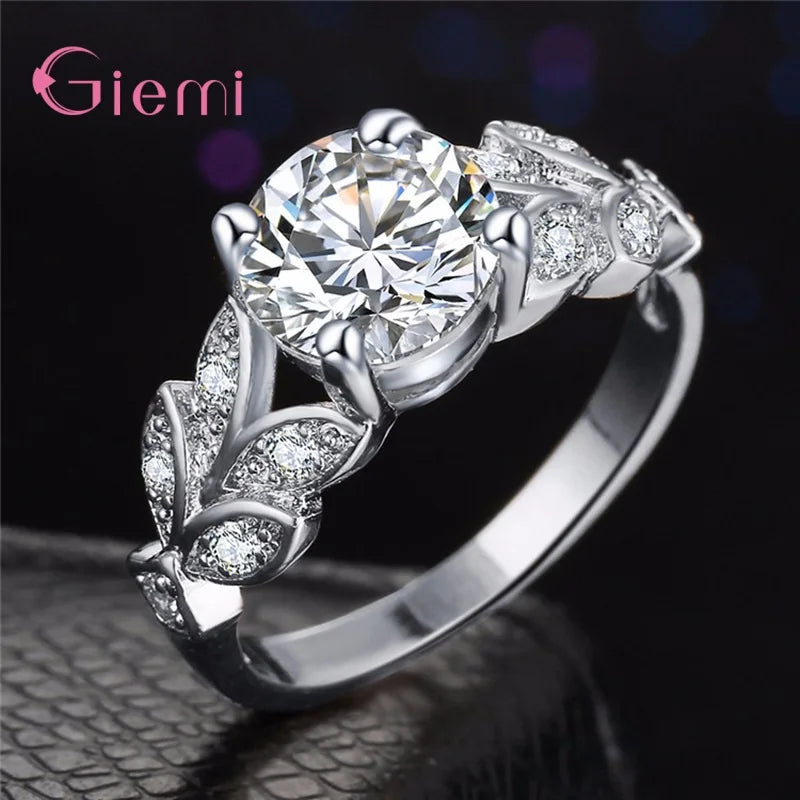 925 Sterling Silver Female Jewelry Charming Elegant Sparkling Crystals Leaf Shape Rings For Women Girl Wife Gifts Wholesale