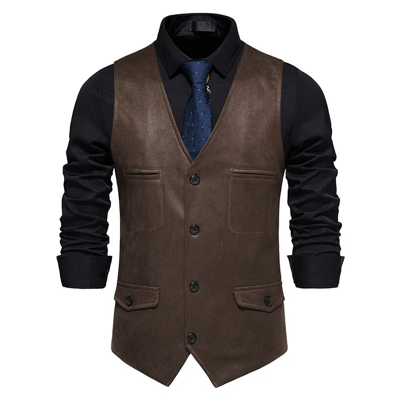 Fashion Men Clothing High Quality Suede Suit Vests Men's V Neck Sleeveless Business Formal Waistcoats Wedding Party Dress Vests