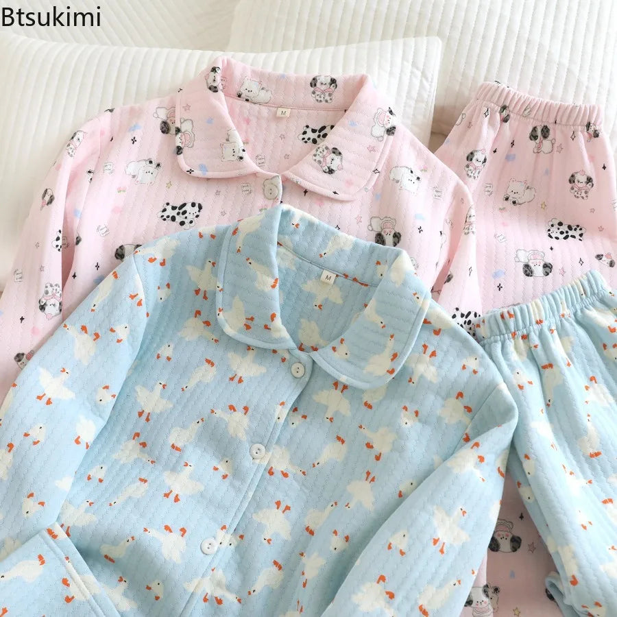 Women's Cotton Padded Air Layer Pure Cotton Home Clothes Lapel Long Sleeved Pants Sleepwear Autumn and Winter New Women Clothing