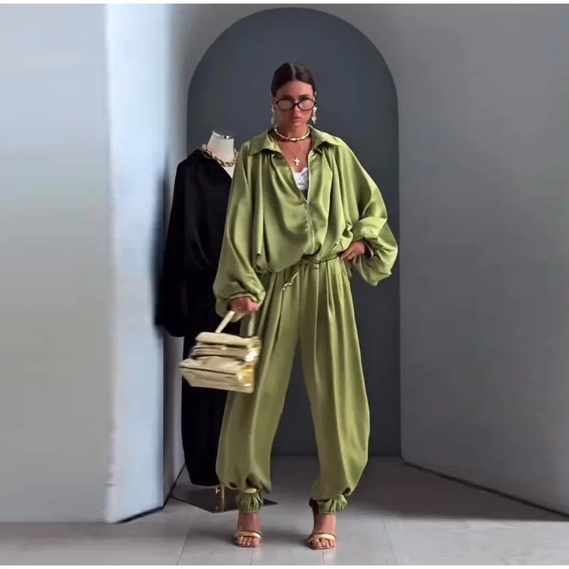 Casual Two-piece Women's Clothing 2026 Spring and Summer New Fashion Trend Lapel Loose Sweatshirt Jacket Wide-leg Pants Sports