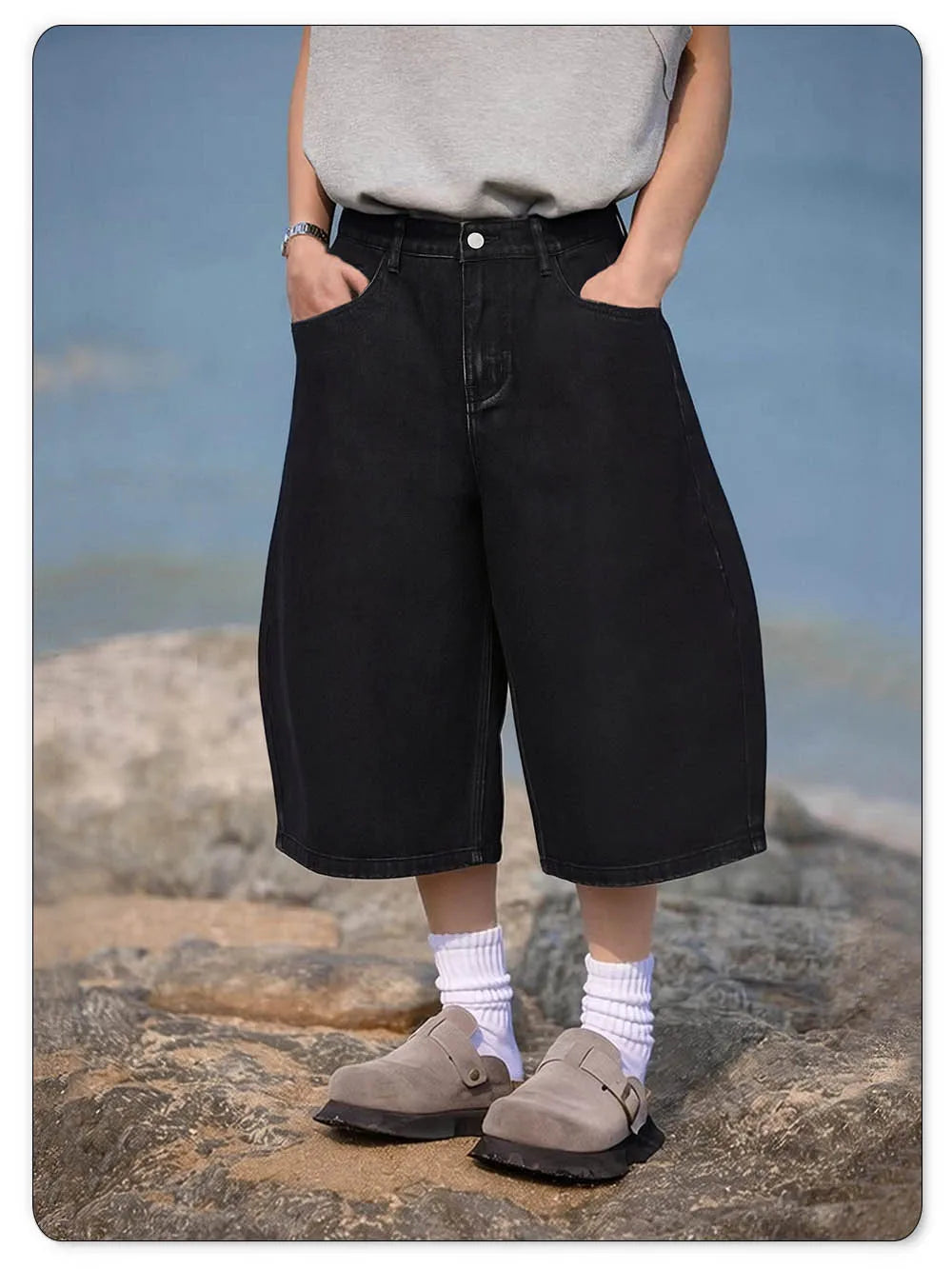 ONE·DINY American Style Retro Black Ultra Baggy Machete Wide Leg Denim Shorts Fashion Men's Women's Daily Jeans Capris Jeans
